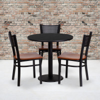 Flash Furniture 30'' Round Black Laminate Table Set with 3 Grid Back Metal Chairs - Cherry Wood Seat MD-0007-GG