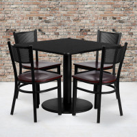 Flash Furniture 36'' Square Black Laminate Table Set with 4 Grid Back Metal Chairs - Mahogany Wood Seat MD-0008-GG
