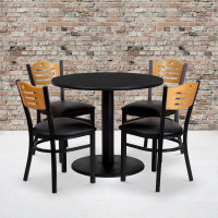 Flash Furniture 36'' Round Black Laminate Table Set with 4 Wood Slat Back Metal Chairs - Black Vinyl Seat MD-0009-GG