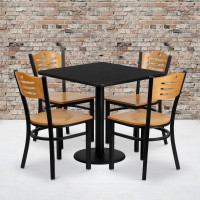 Flash Furniture 30'' Square Black Laminate Table Set with 4 Wood Slat Back Metal Chairs - Natural Wood Seat MD-0010-GG
