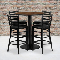 Flash Furniture 36'' Round Walnut Laminate Table Set with 4 Ladder Back Metal Bar Stools - Black Vinyl Seat MD-0011-GG