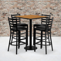Flash Furniture 30'' Square Natural Laminate Table Set with 4 Ladder Back Metal Bar Stools - Black Vinyl Seat MD-0012-GG