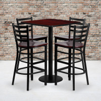 Flash Furniture 30'' Square Mahogany Laminate Table Set with 4 Ladder Back Metal Bar Stools - Mahogany Wood Seat MD-0014-GG