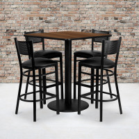 Flash Furniture 36'' Square Walnut Laminate Table Set with 4 Grid Back Metal Bar Stools - Black Vinyl Seat MD-0015-GG