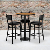Flash Furniture 30'' Round Natural Laminate Table Set with 3 Grid Back Metal Bar Stools - Black Vinyl Seat MD-0016-GG