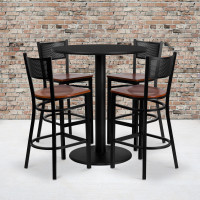 Flash Furniture 36'' Round Black Laminate Table Set with 4 Grid Back Metal Bar Stools - Cherry Wood Seat MD-0018-GG