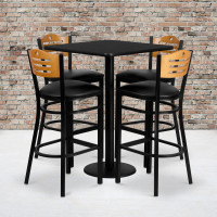 Flash Furniture 30'' Square Black Laminate Table Set with 4 Wood Slat Back Metal Bar Stools - Black Vinyl Seat MD-0019-GG