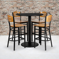 Flash Furniture 36'' Round Black Laminate Table Set with 4 Wood Slat Back Metal Bar Stools - Natural Wood Seat MD-0020-GG
