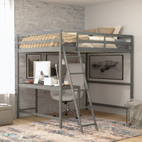 Flash Furniture MH-LBD5-LGY-F-GG Riley Loft Bed Frame with Desk, Full Size Wooden Bed Frame with Protective Guard Rails & Ladder for Kids and Teens - Light Gray