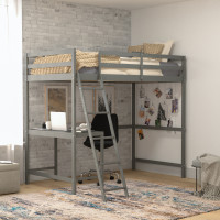Flash Furniture MH-LBD5-LGY-T-GG Riley Loft Bed Frame with Desk, Twin Size Wooden Bed Frame with Protective Guard Rails & Ladder for Kids and Teens - Light Gray