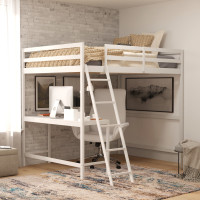 Flash Furniture MH-LBD5-WH-F-GG Riley Loft Bed Frame with Desk, Full Size Wooden Bed Frame with Protective Guard Rails & Ladder for Kids, Teens and Adults - White