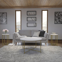 Flash Furniture NAN-CEK-1787-MRBL-GG Hampstead Collection Coffee and End Table Set - White Marbled Laminate Top & Brushed Gold Crisscross Frame, 3 Piece Table Set