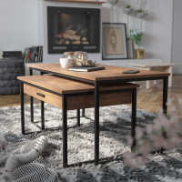 Flash Furniture NAN-JH-17145-GG Emerson 2 Piece Modern Nesting Coffee Table Set with Storage Drawer in Walnut Finish with Black Sled Base Metal Frames