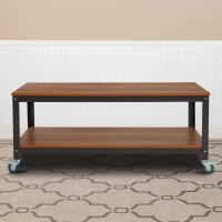 Flash Furniture NAN-JN-2522TR-GG Livingston Collection TV Stand in Brown Oak Wood Grain Finish with Metal Wheels