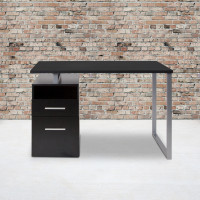 Flash Furniture NAN-JN-2634-G-GG Harwood Dark Ash Wood Grain Finish Computer Desk with Two Drawers and Silver Metal Frame 
