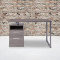 Flash Furniture NAN-JN-2634-GG Harwood Light Ash Wood Grain Finish Computer Desk with Two Drawers and Silver Metal Frame 