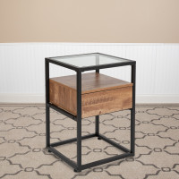 Flash Furniture NAN-JN-28102E-GG Cumberland Collection Glass End Table with Drawer and Shelf in Rustic Wood Grain Finish