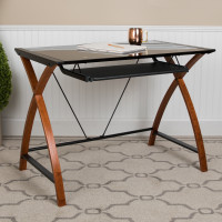 Flash Furniture NAN-JN-2824S-BK-GG Black Glass Computer Desk with Pull-Out Keyboard Tray and Crisscross Frame