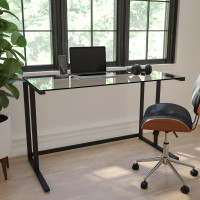 Flash Furniture NAN-WK-055-GG Clear Glass Desk with Black Pedestal Frame