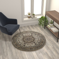 Flash Furniture NR-RG1274-44-IV-GG Mersin Collection Persian Style 4x4 Ivory Round Area Rug-Olefin Rug with Jute Backing-Hallway, Entryway, Bedroom, Living Room