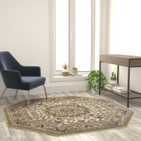 Flash Furniture NR-RG1881-55-IV-GG Mersin Collection Persian Style 5x5 Ivory Octagon Area Rug-Olefin Rug with Jute Backing-Hallway, Entryway, Bedroom, Living Room