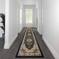 Flash Furniture NR-RG24-315-BK-GG Mersin Collection Persian Style 3' x 15' Black Area Rug - Olefin Rug with Jute Backing - Hallway, Entryway, Bedroom, Living Room