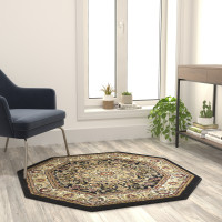 Flash Furniture NR-RG2816-44-BK-GG Mersin Collection Persian Style 4x4 Black Octagon Area Rug-Olefin Rug with Jute Backing-Hallway, Entryway, Bedroom, Living Room