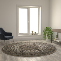 Flash Furniture NR-RG85-77-IV-GG Mersin Collection Persian Style 7x7 Ivory Round Area Rug-Olefin Rug with Jute Backing-Hallway, Entryway, Bedroom, Living Room