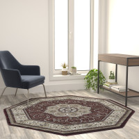 Flash Furniture NR-RGB404-55O-BU-GG Portman Collection Persian Style 5' x 5' Octagon Burgundy Area Rug - Olefin Rug with Jute Backing-Entryway, Bedroom, Living Room