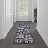 Flash Furniture OK-HCF-7146ATUR-27-BL-GG Gideon Collection Geometric 2' x 7' Blue, Grey, and White Olefin Area Rug with Cotton Backing, Living Room, Bedroom