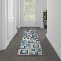 Flash Furniture OK-HCF-7146ATUR-27-TUR-GG Gideon Collection Geometric 2' x 7' Turquoise, Grey, and White Olefin Area Rug with Cotton Backing, Living Room, Bedroom