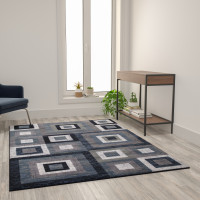 Flash Furniture OK-HCF-7146ATUR-57-BL-GG Gideon Collection Geometric 5' x 7' Blue, Grey, and White Olefin Area Rug with Cotton Backing, Living Room, Bedroom