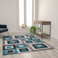 Flash Furniture OK-HCF-7146ATUR-57-TUR-GG Gideon Collection Geometric 5' x 7' Turquoise, Grey, and White Olefin Area Rug with Cotton Backing, Living Room, Bedroom