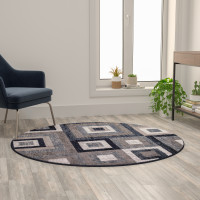 Flash Furniture OK-HCF-7146ATUR-5R-BL-GG Gideon Collection Geometric 5' x 5' Blue, Grey, and White Round Olefin Area Rug with Cotton Backing, Living Room, Bedroom