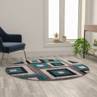 Flash Furniture OK-HCF-7146ATUR-5R-TUR-GG Gideon Collection Geometric 5' x 5' Turquoise, Grey, and White Round Olefin Area Rug with Cotton Backing, Living Room, Bedroom