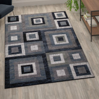 Flash Furniture OK-HCF-7146ATUR-69-BL-GG Gideon Collection Geometric 6' x 9' Blue, Grey, and White Olefin Area Rug with Cotton Backing, Living Room, Bedroom