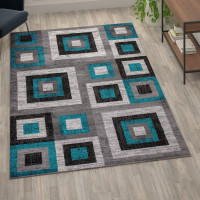 Flash Furniture OK-HCF-7146ATUR-69-TUR-GG Gideon Collection Geometric 6' x 9' Turquoise, Grey, and White Olefin Area Rug with Cotton Backing, Living Room, Bedroom