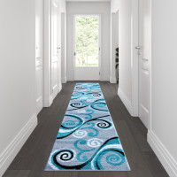 Flash Furniture OKR-RG1100-211-TQ-GG Valli Collection 2' x 11' Turquoise Abstract Area Rug - Olefin Rug with Jute Backing - Hallway, Entryway, Bedroom, Living Room