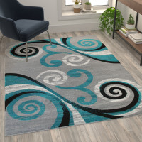 Flash Furniture OKR-RG1100-57-TQ-GG Valli Collection 5' x 7' Turquoise Abstract Area Rug - Olefin Rug with Jute Backing - Hallway, Entryway, Bedroom, Living Room