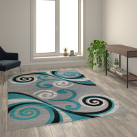 Flash Furniture OKR-RG1100-69-TQ-GG Valli Collection 6' x 9' Turquoise Abstract Area Rug - Olefin Rug with Jute Backing - Hallway, Entryway, Bedroom, Living Room