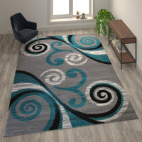 Flash Furniture OKR-RG1100-810-TQ-GG Valli Collection 8' x 10' Turquoise Abstract Area Rug - Olefin Rug with Jute Backing - Hallway, Entryway, Bedroom, Living Room
