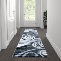 Flash Furniture OKR-RG1103-27-GY-GG Cirrus Collection 2' x 7' Gray Swirl Patterned Olefin Area Rug with Jute Backing for Entryway, Living Room, Bedroom