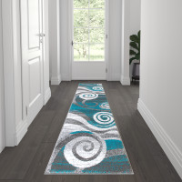 Flash Furniture OKR-RG1103-27-TQ-GG Cirrus Collection 2' x 7' Turquoise Swirl Patterned Olefin Area Rug with Jute Backing for Entryway, Living Room, Bedroom