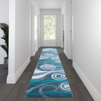 Flash Furniture OKR-RG1103-316-TQ-GG Cirrus Collection 3' x 16' Turquoise Swirl Patterned Olefin Area Rug with Jute Backing for Entryway, Living Room, Bedroom