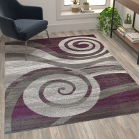 Flash Furniture OKR-RG1103-57-PU-GG Cirrus Collection 5' x 7' Purple Swirl Patterned Olefin Area Rug with Jute Backing for Entryway, Living Room, Bedroom