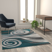 Flash Furniture OKR-RG1103-57-TQ-GG Cirrus Collection 5' x 7' Turquoise Swirl Patterned Olefin Area Rug with Jute Backing for Entryway, Living Room, Bedroom