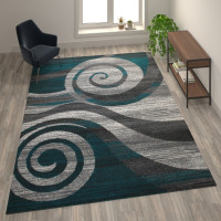 Flash Furniture OKR-RG1103-810-TQ-GG Cirrus Collection 8' x 10' Turquoise Swirl Patterned Olefin Area Rug with Jute Backing for Entryway, Living Room, Bedroom