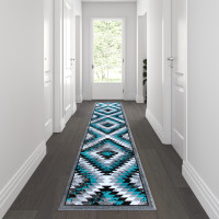 Flash Furniture OKR-RG1106-211-TQ-GG Teagan Collection Southwestern 2' x 11' Turquoise Area Rug - Olefin Rug with Jute Backing - Entryway, Living Room, Bedroom