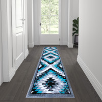 Flash Furniture OKR-RG1106-27-TQ-GG Teagan Collection Southwestern 2' x 7' Turquoise Area Rug - Olefin Rug with Jute Backing - Entryway, Living Room, Bedroom
