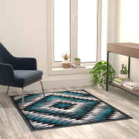 Flash Furniture OKR-RG1106-45-TQ-GG Teagan Collection Southwestern 4' x 5' Turquoise Area Rug - Olefin Rug with Jute Backing - Entryway, Living Room, Bedroom